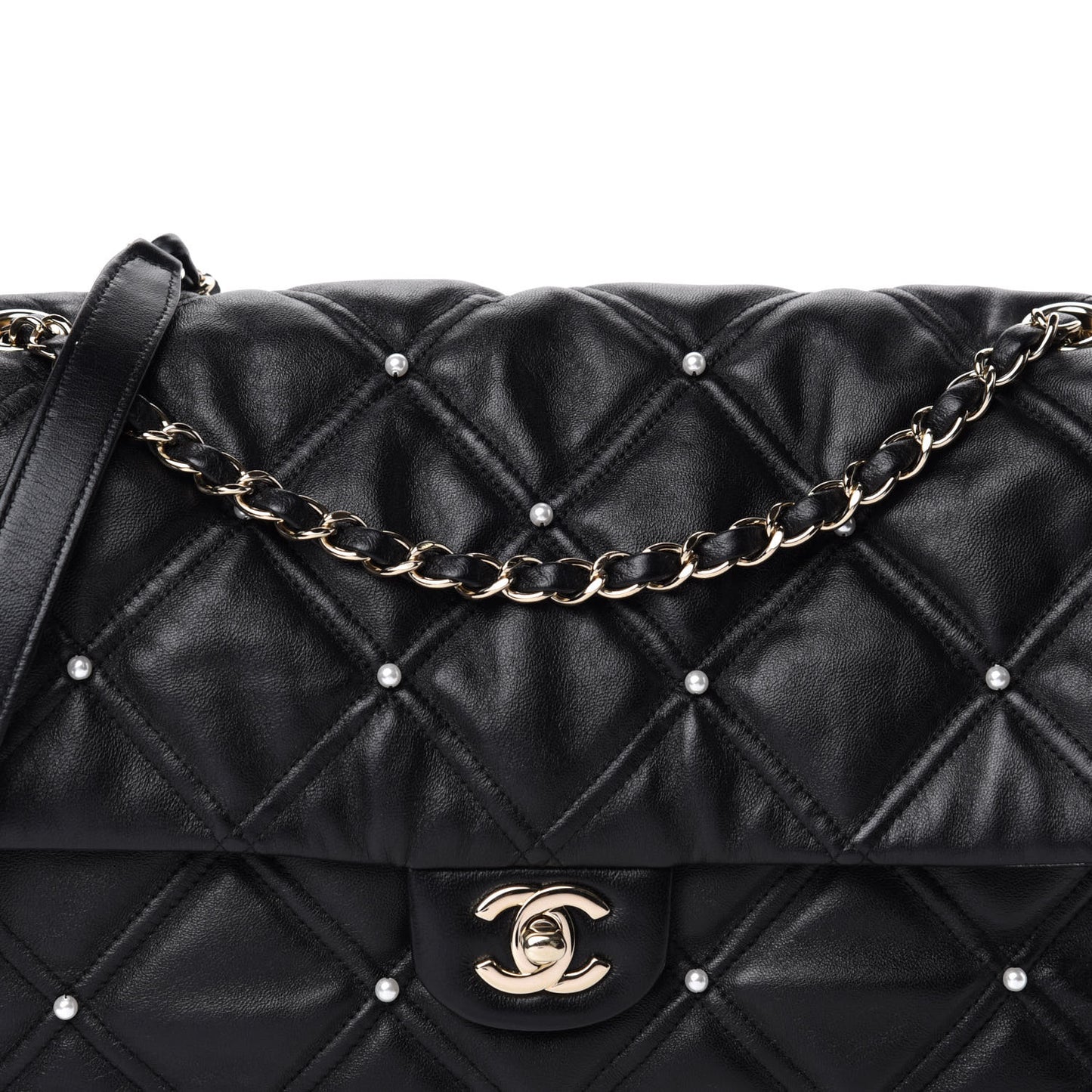 Lambskin Quilted Pearl Studded Flap Black