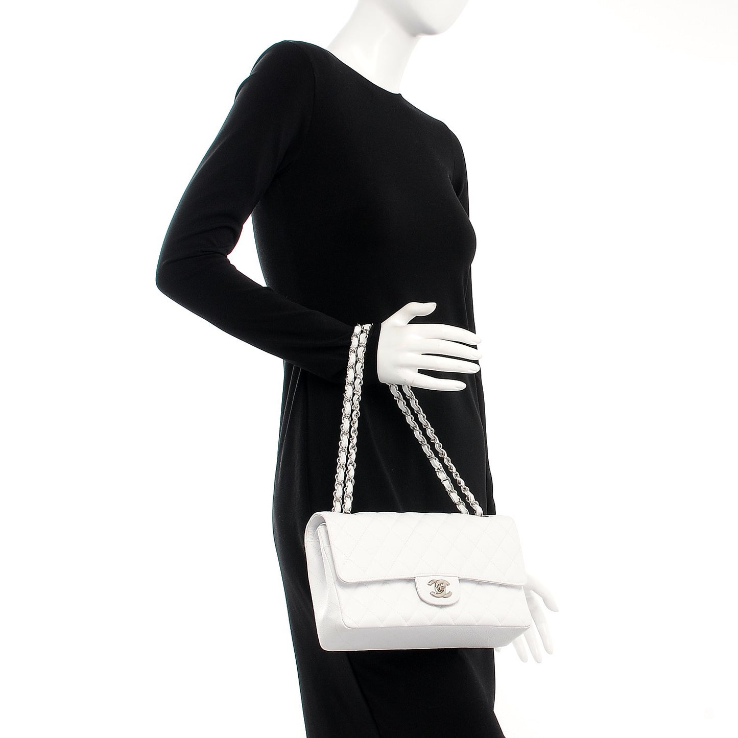 Caviar Quilted Medium Double Flap White