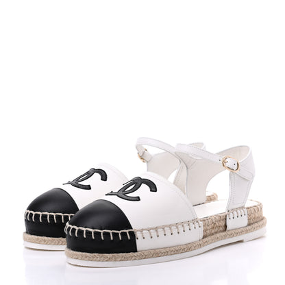 Chanel Lambskin Cap Toe CC Espadrille Sandals 35 Black White 3 of 10