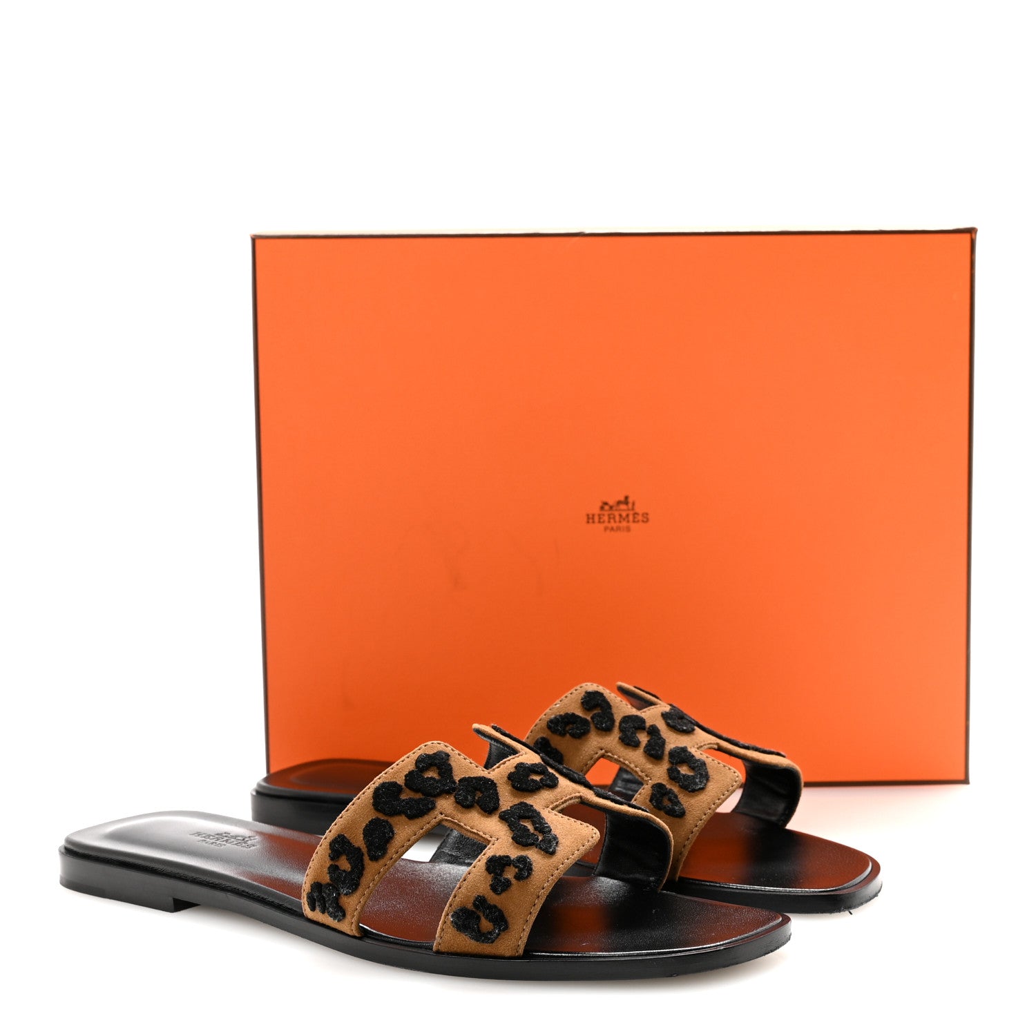 Hermes Suede Goatskin Tufted Leopard Womens Oran Sandals 40 Brun Fume Black 8 of 8