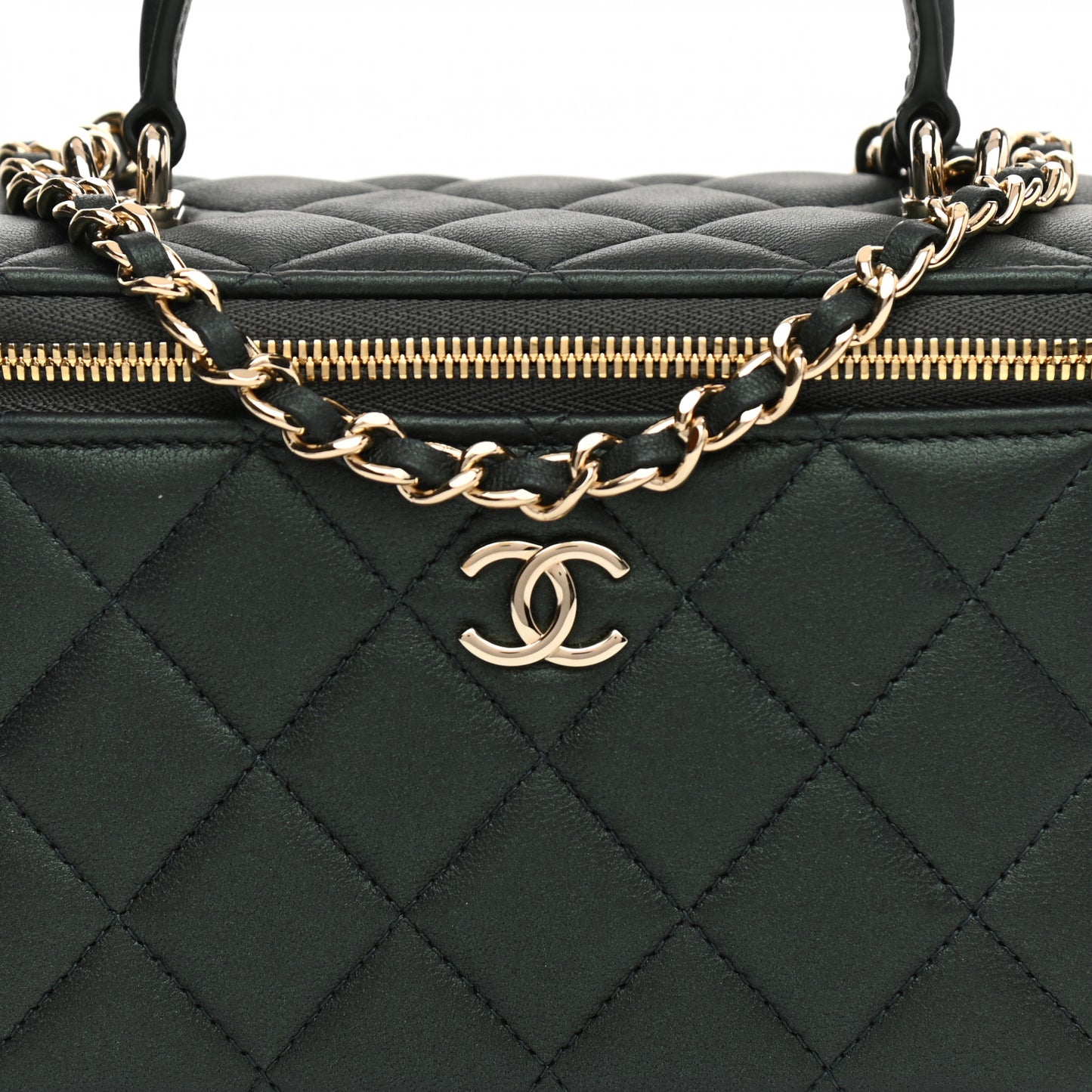 Iridescent Lambskin Quilted Small Top Handle Vanity Case With Chain Dark Green