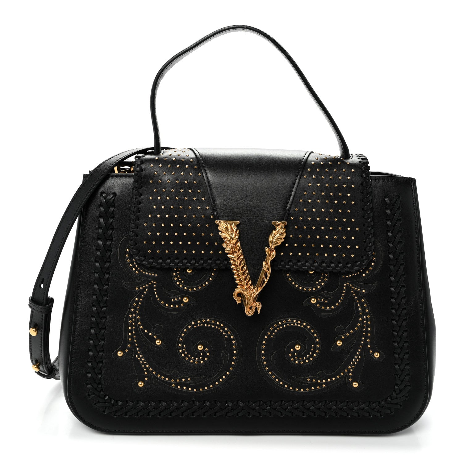 Versace Vitello Western Studded Virtus Top Handle Shoulder Bag Black 1 of 9
