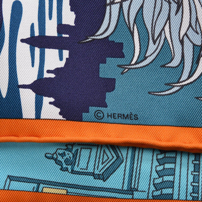Hermes Silk Space Shopping Au Faubourg Pocket Square Scarf Bleu Orange Vert 7 of 7