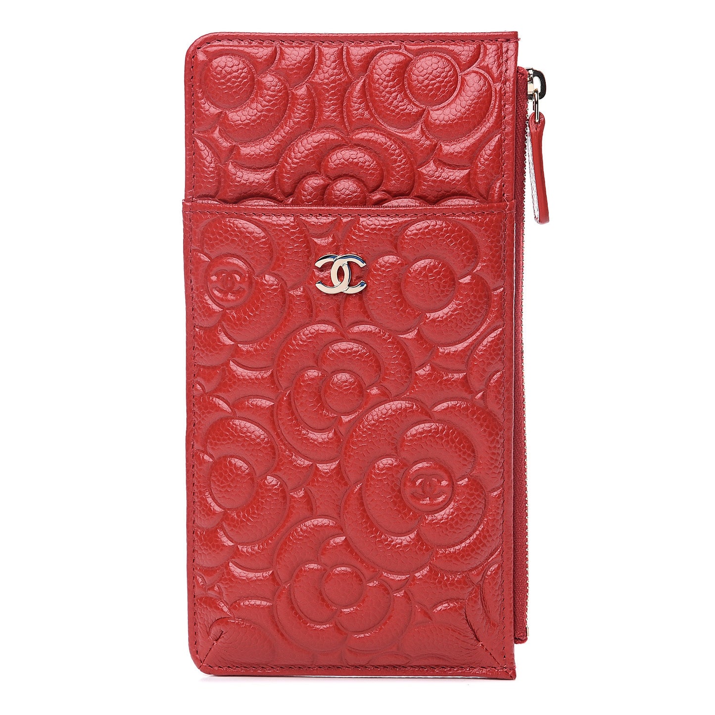 Caviar Camellia Embossed Classic Flat Wallet Pouch Red