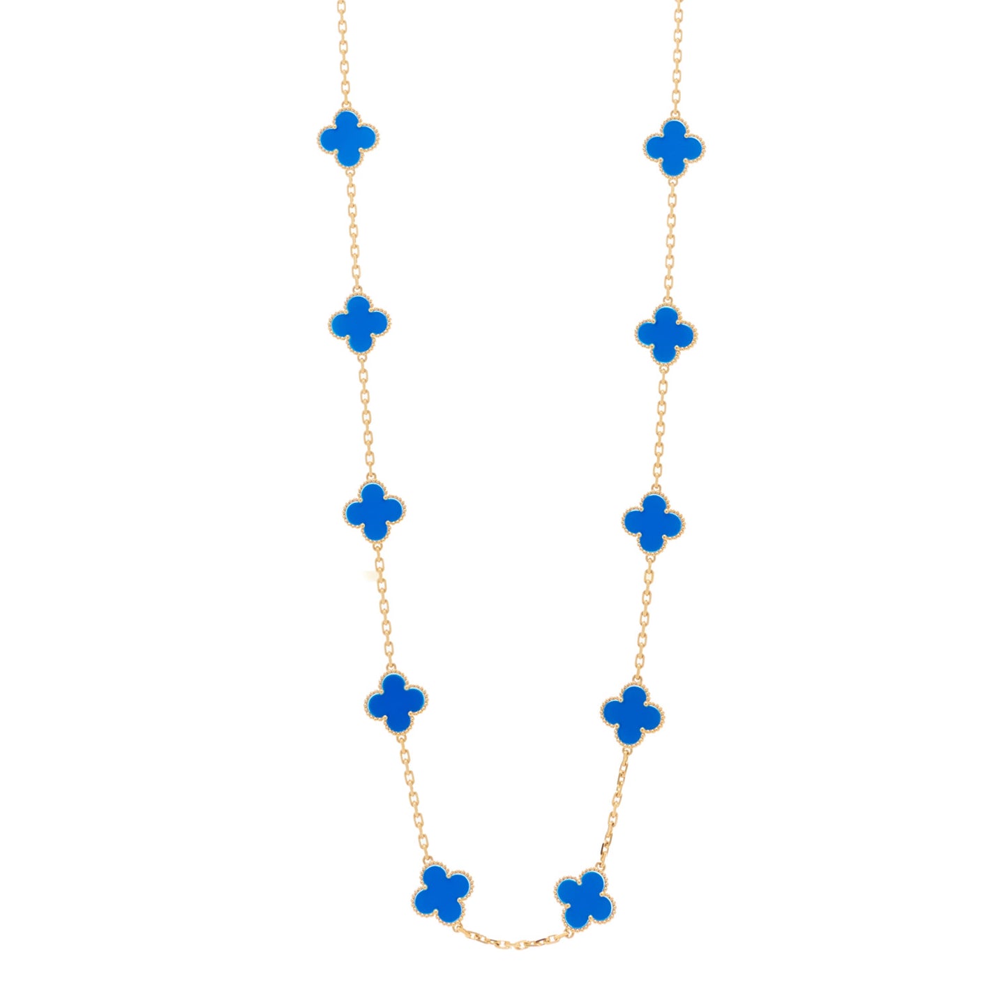 18K Yellow Gold Blue Agate 20 Motifs Vintage Alhambra Necklace