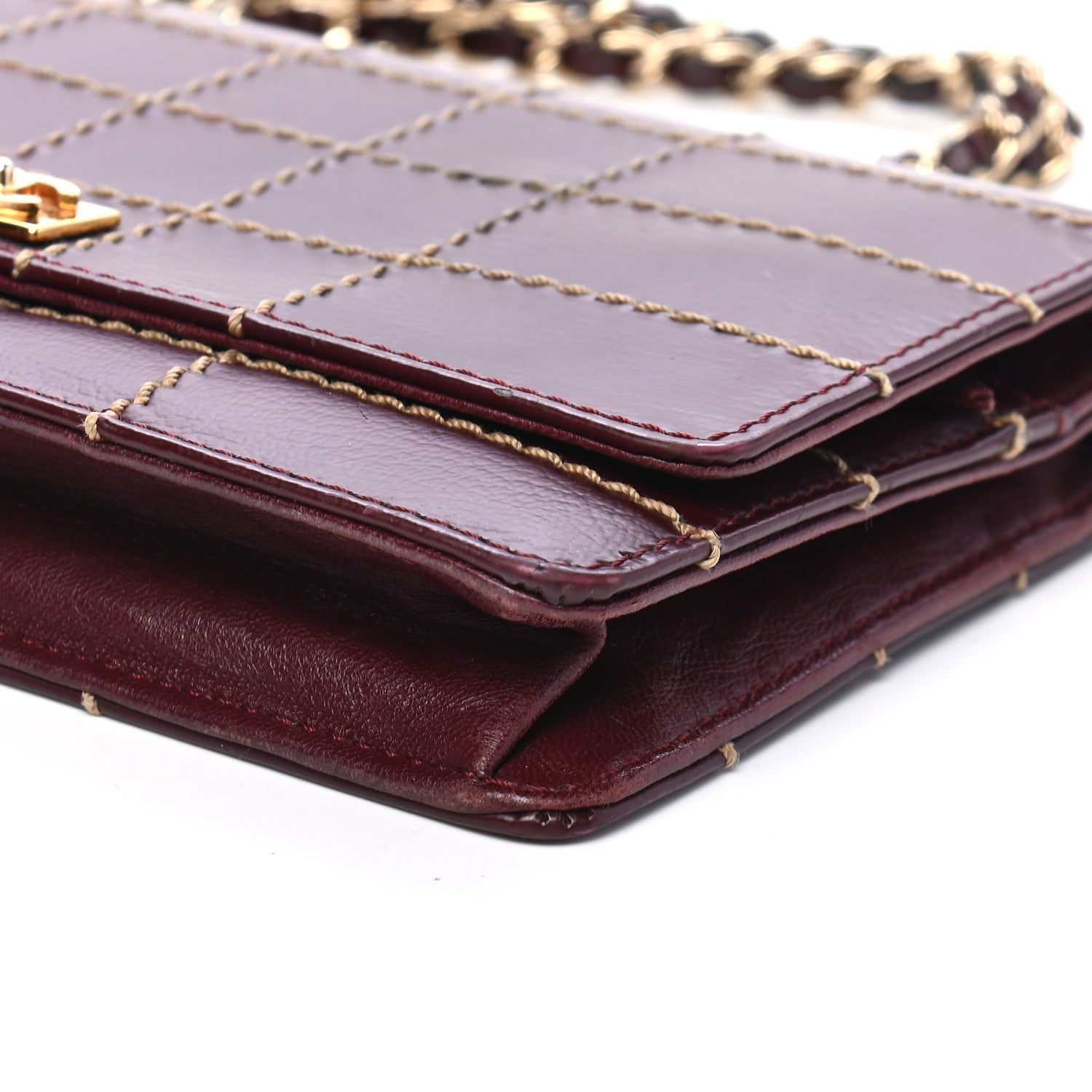 Chanel Calfskin Stitched Square Quilted Wallet On Chain WOC Burgundy 10 of 13