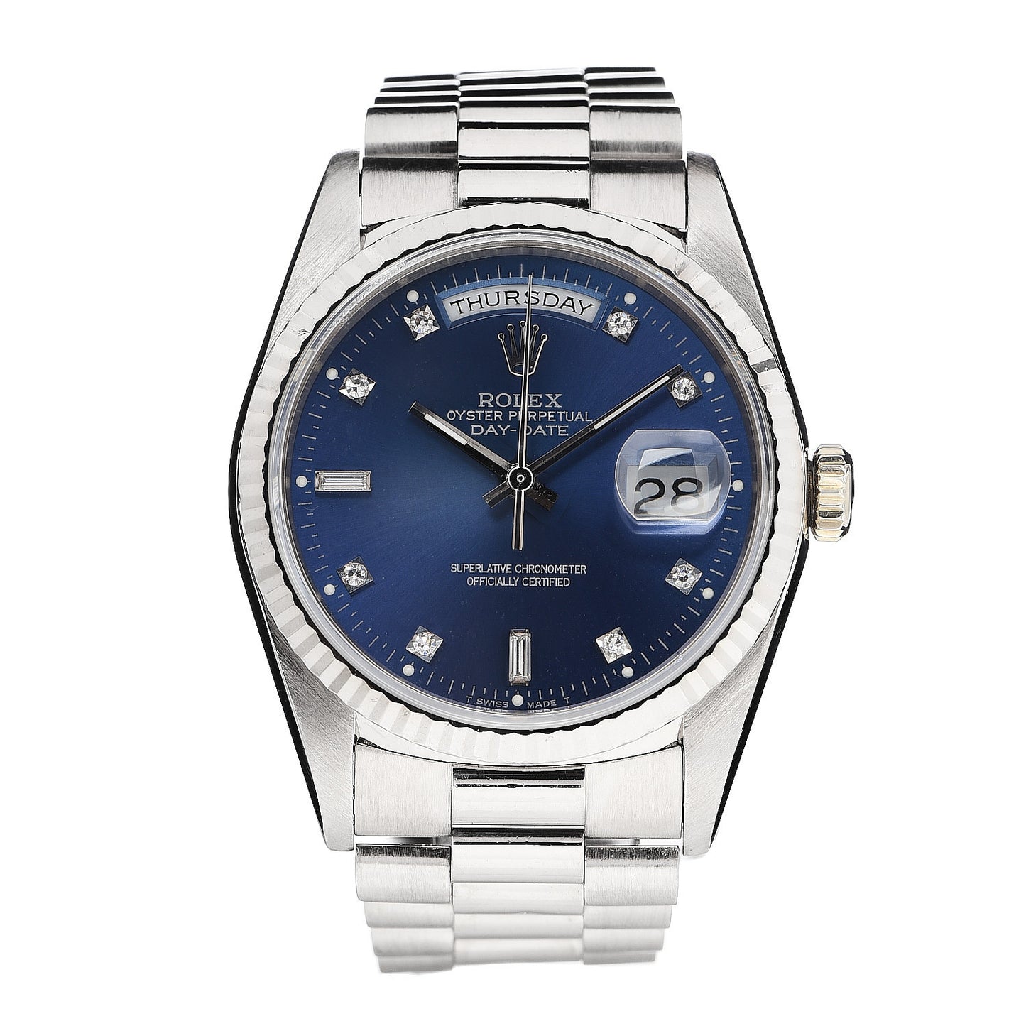 18K White Gold Diamond 36mm Oyster Perpetual Day-Date President Watch Bright Blue 18239