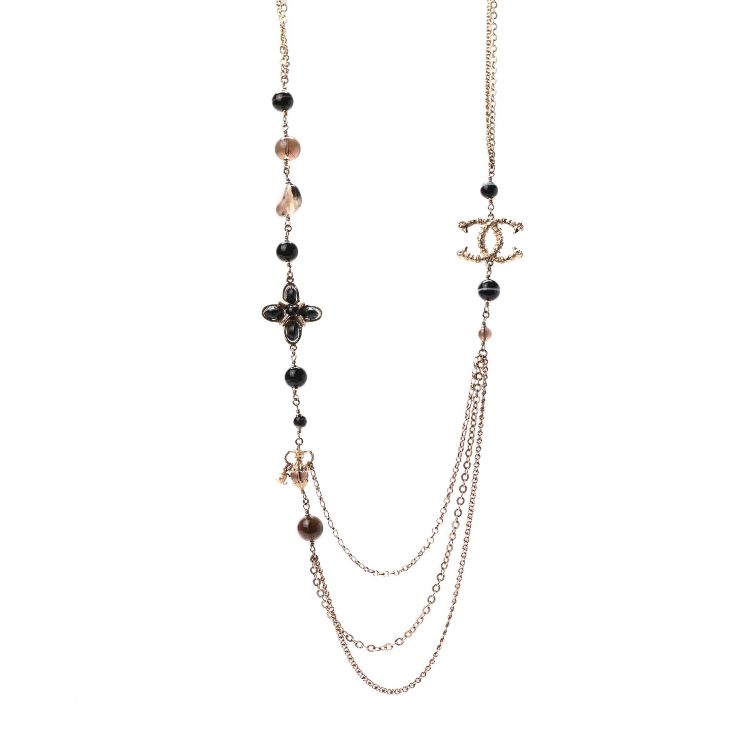 Beaded CC Long Necklace Gold Black