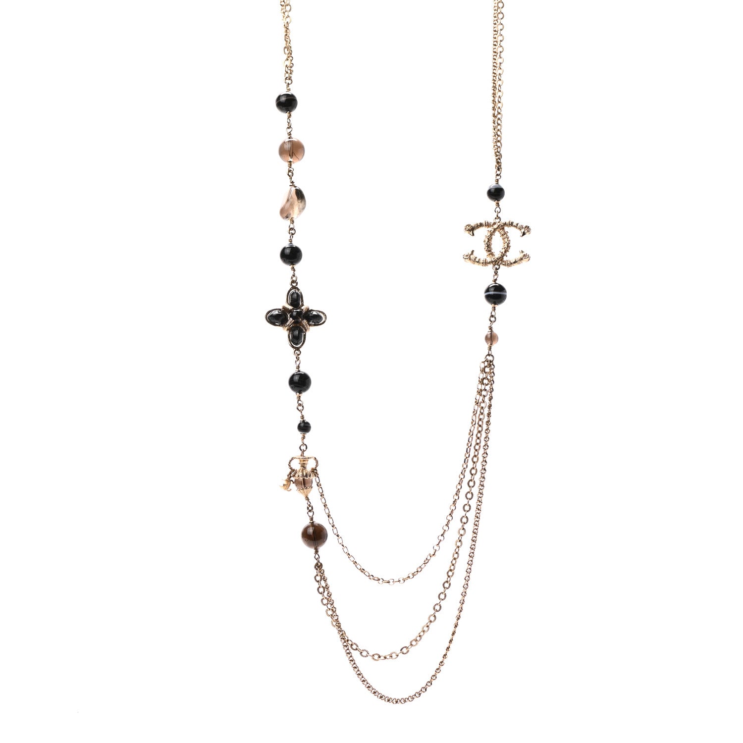 Chanel Beaded CC Long Necklace Gold Black 1 of 5