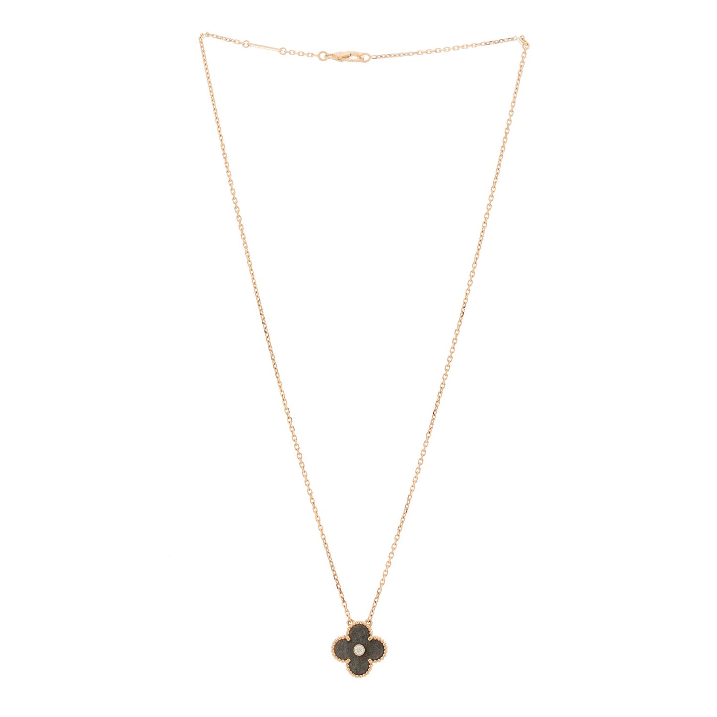 18K Rose Gold Diamond Silver Obsidian Vintage Alhambra Pendant Necklace