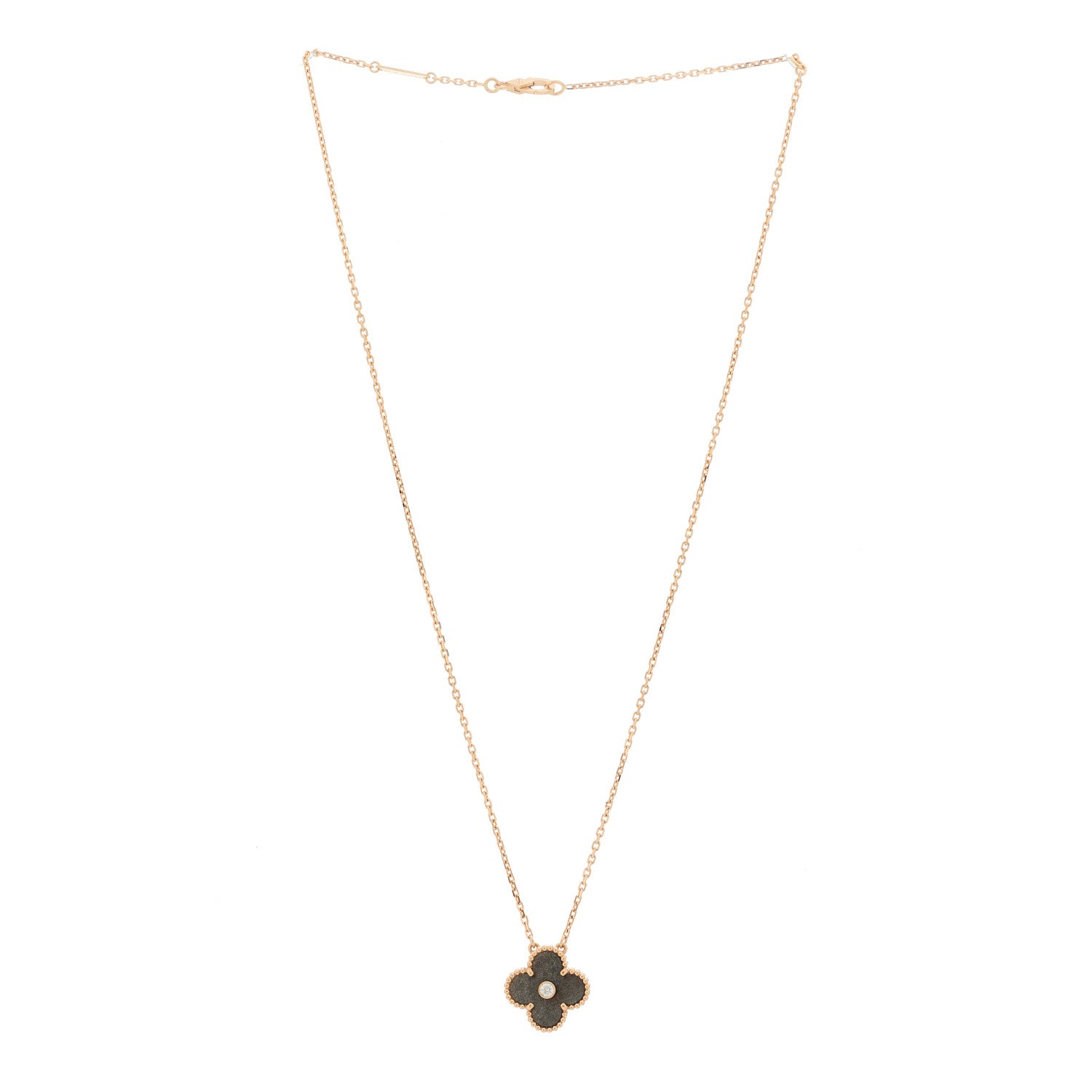 Van Cleef & Arpels 18K Rose Gold Diamond Silver Obsidian Vintage Alhambra Pendant Necklace 3 of 6