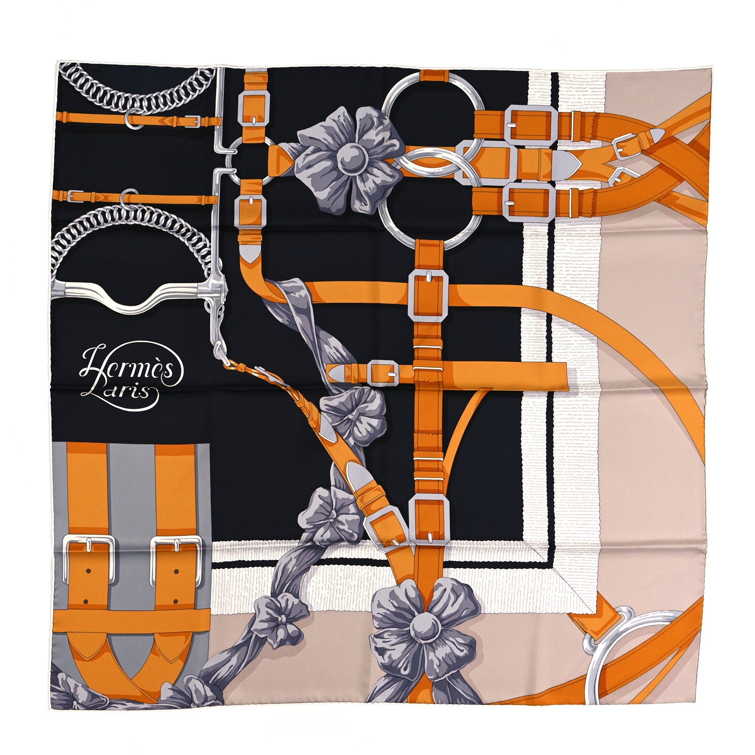 Hermes Silk Grand Manege Detail Scarf 90 Black Etoupe Caramel 1 of 4