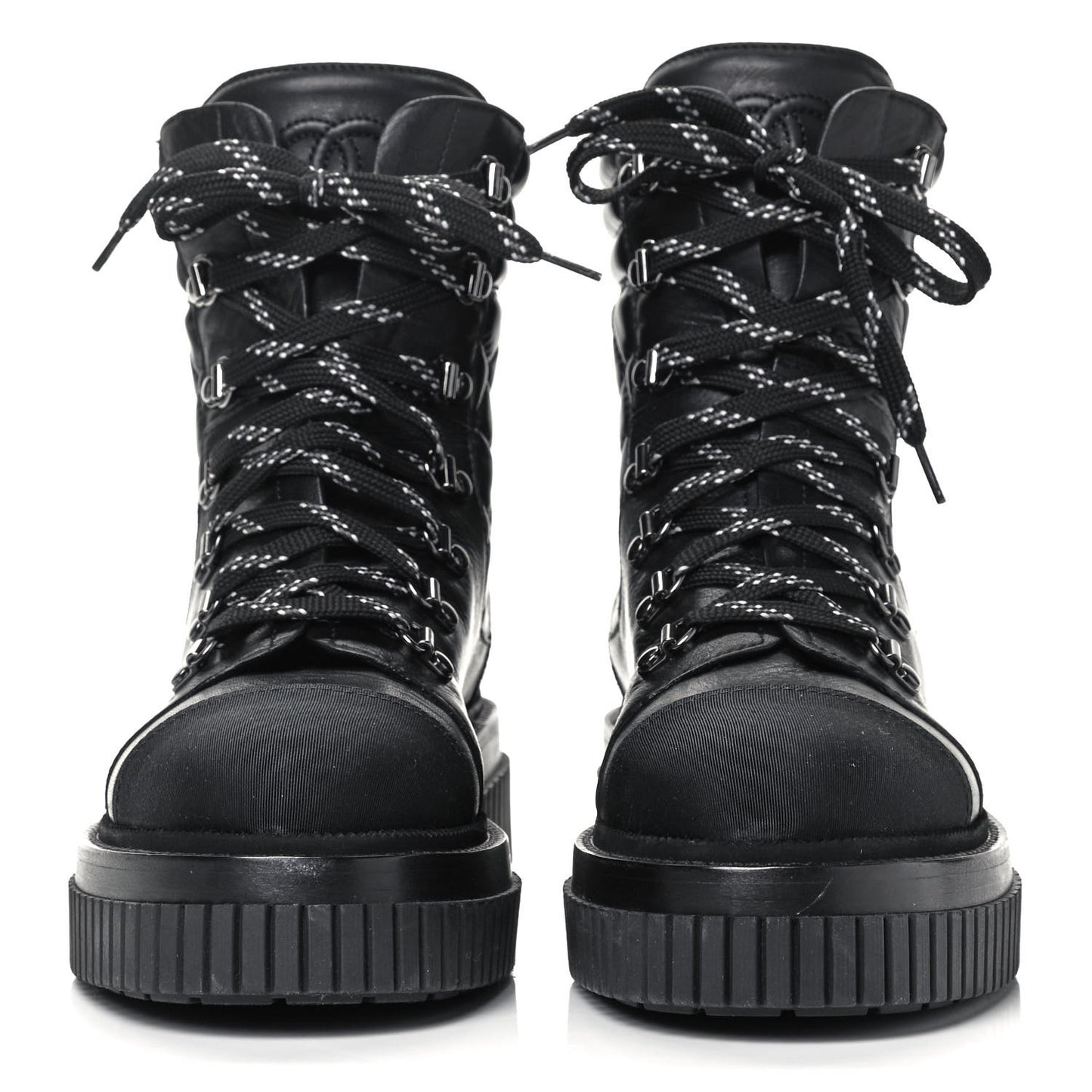 Calfskin Grosgrain Quilted Lace Up Boots 40 Black Grey