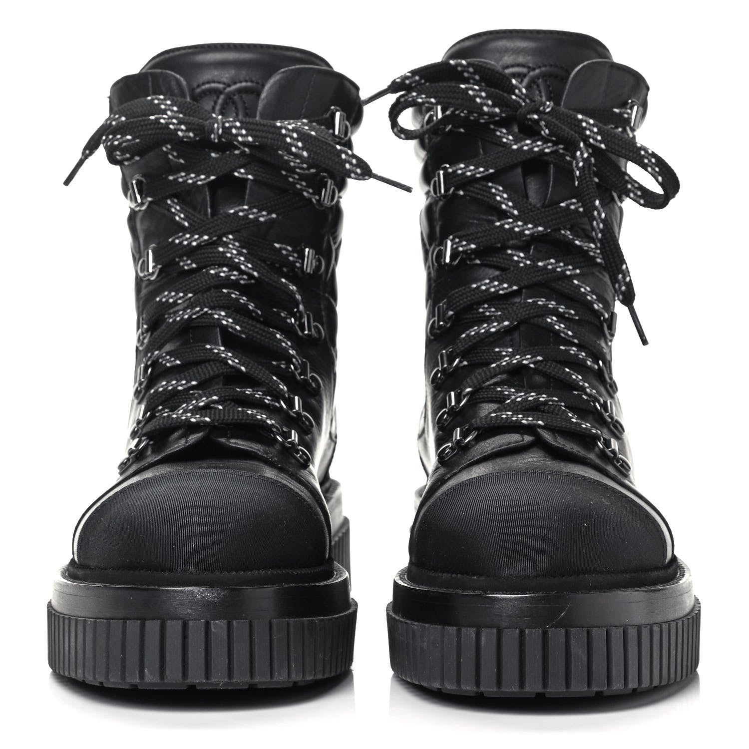 Chanel Calfskin Grosgrain Quilted Lace Up Boots 40 Black Grey 2 of 8