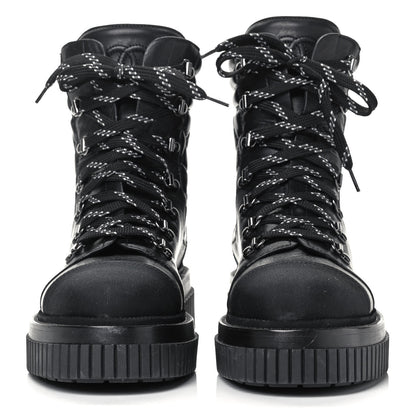 Chanel Calfskin Grosgrain Quilted Lace Up Boots 40 Black Grey 2 of 8