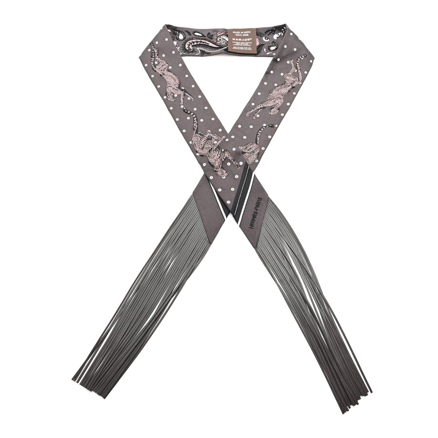 Silk Beaded Guepard Bandana Fringed Twilly Cacao Etoupe White