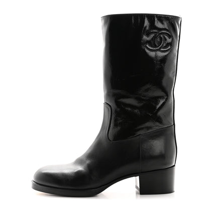 Chanel Shiny Calfskin CC Mid Calf Boots 37.5 Black 1 of 10