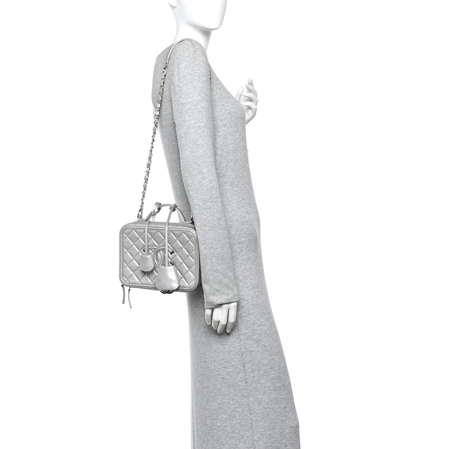 Metallic Caviar Quilted Medium CC Filigree Vanity Case Silver