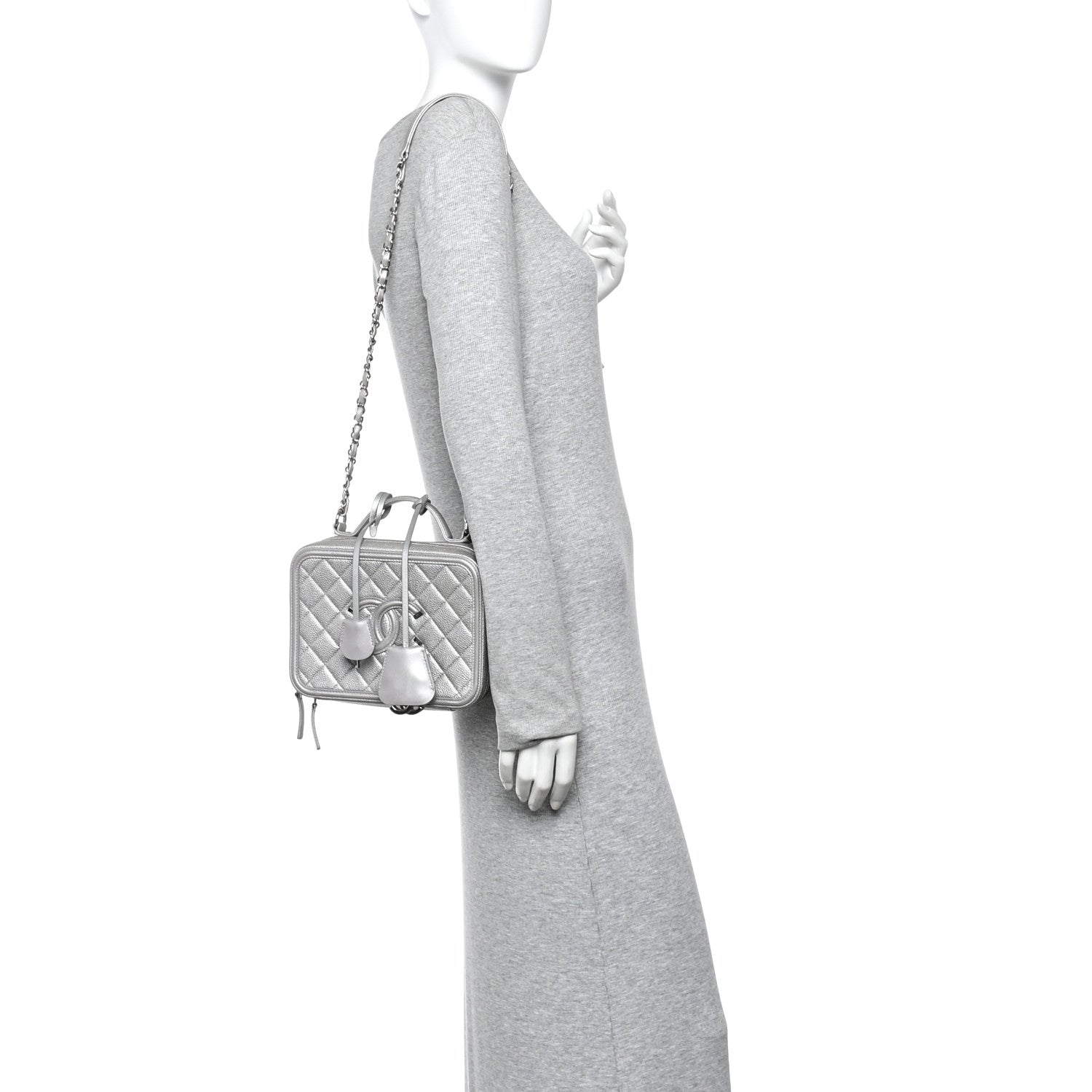 Chanel Metallic Caviar Quilted Medium CC Filigree Vanity Case Silver 2 of 10