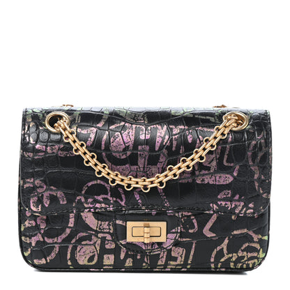 Chanel Calfskin Crocodile Embossed Graffiti 2.55 Mini Cocodile Reissue Flap Black Pink 1 of 10