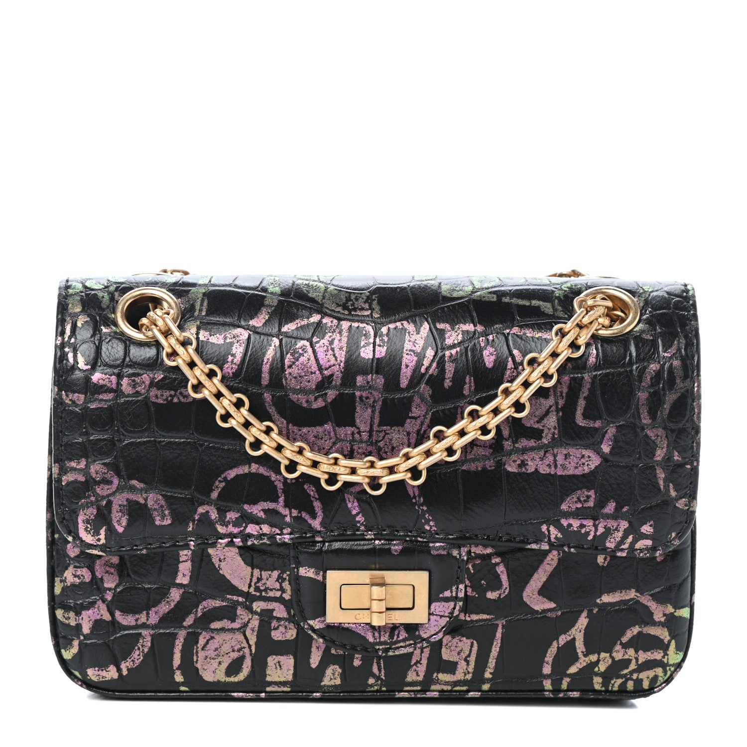 Chanel Calfskin Crocodile Embossed Graffiti 2.55 Mini Cocodile Reissue Flap Black Pink 1 of 10