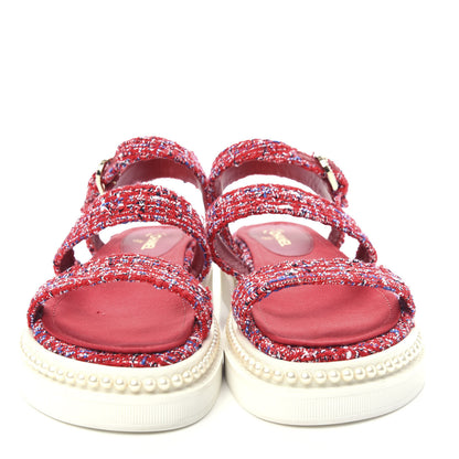 Chanel Tweed Pearl Flat Sandals 36.5 Red 5 of 10