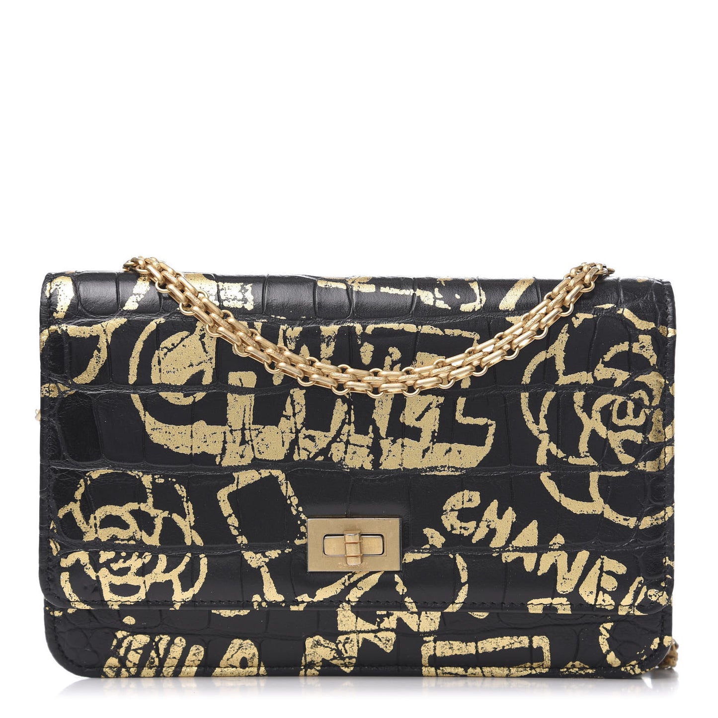 Calfskin Crocodile Embossed Graffiti 2.55 Cocodile Reissue Wallet On Chain WOC Black Gold