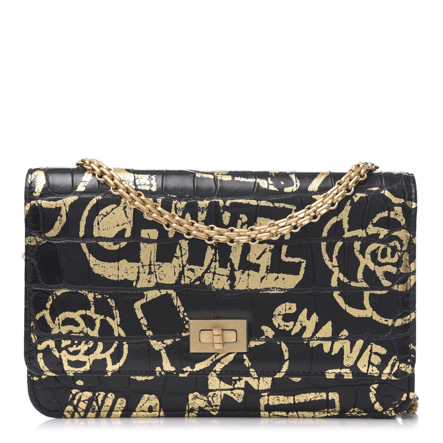 Chanel Calfskin Crocodile Embossed Graffiti 2.55 Cocodile Reissue Wallet On Chain WOC Black Gold 13 of 22