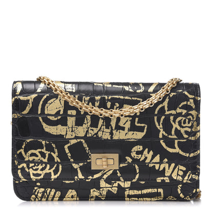Chanel Calfskin Crocodile Embossed Graffiti 2.55 Cocodile Reissue Wallet On Chain WOC Black Gold 13 of 22