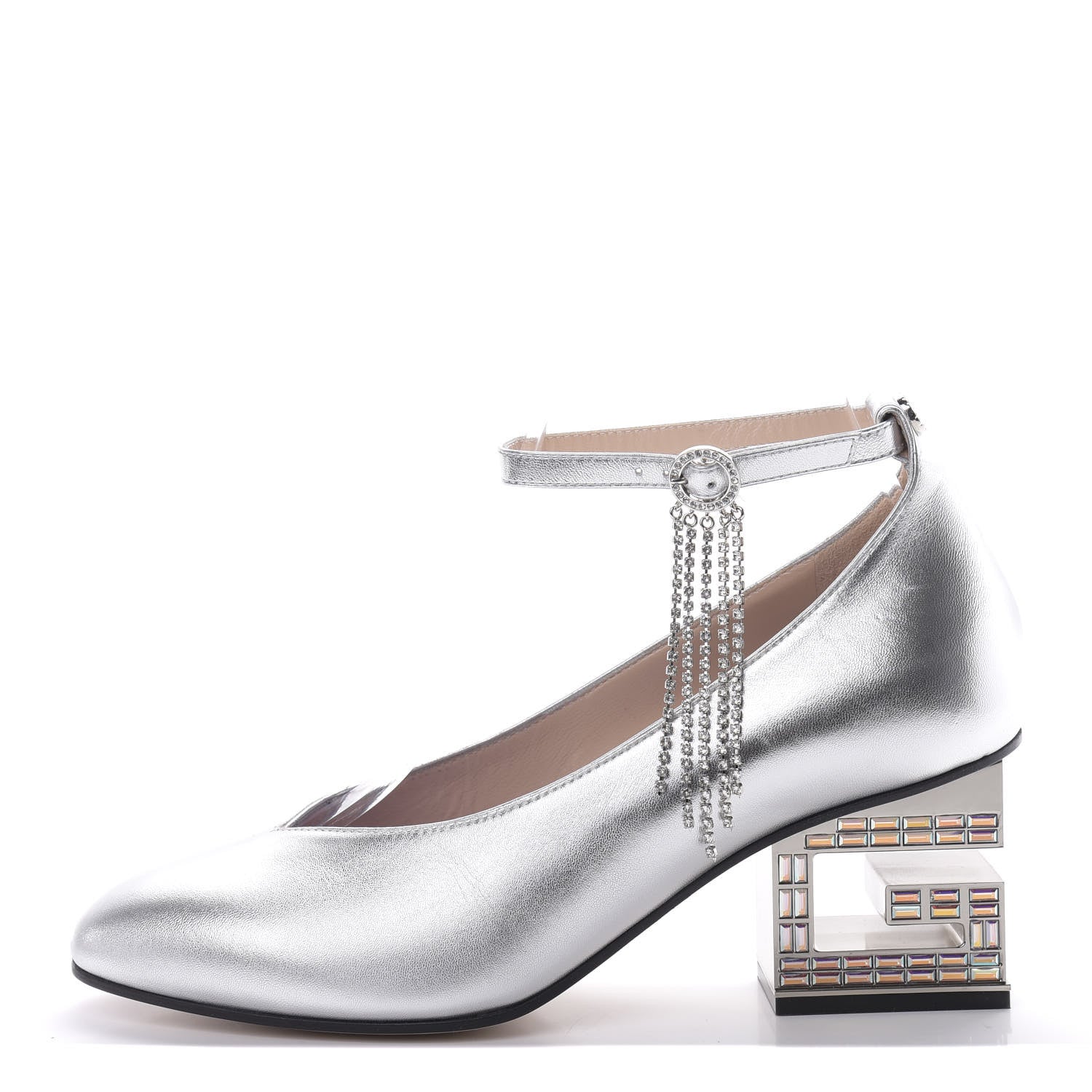 Gucci Metallic Nappa Crystal Square G Mid Heel Pumps 38 Silver 1 of 12