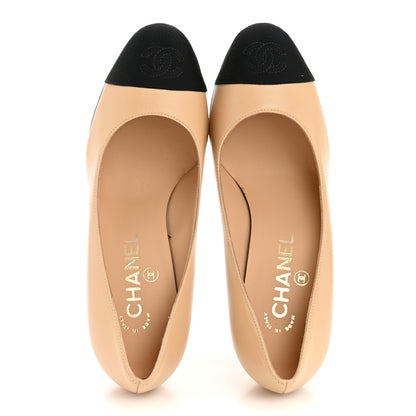 Chanel Lambskin Grosgrain Pearl Cap Toe Pumps 36.5 Beige Black 2 of 10