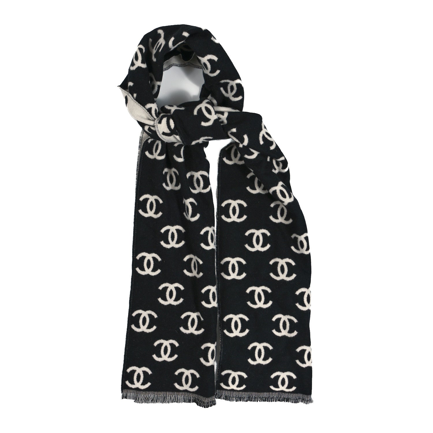 Chanel Wool Cashmere CC Scarf Black White 1 of 4