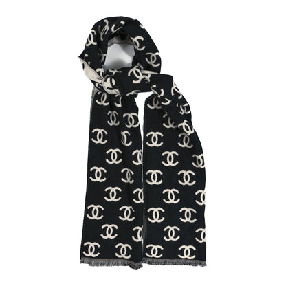 Chanel Wool Cashmere CC Scarf Black White 1 of 4