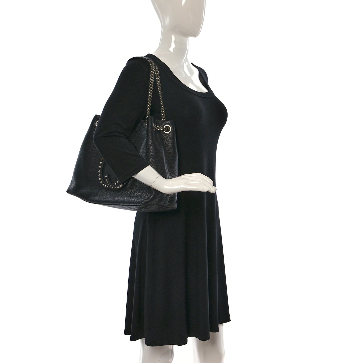 Pebbled Calfskin Studded Medium Soho Chain Shoulder Bag Black