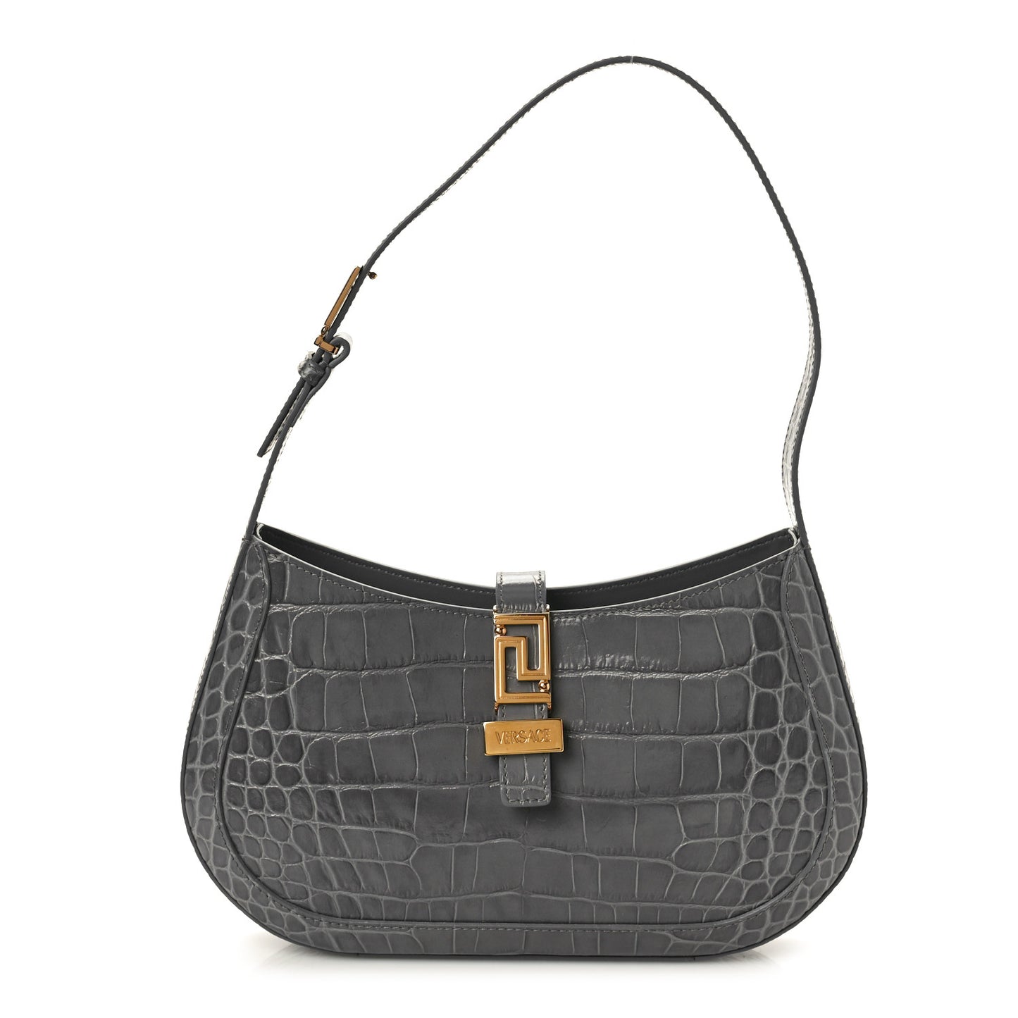 Calfskin Crocodile Embossed Large Greca Goddess Bag Charcoal