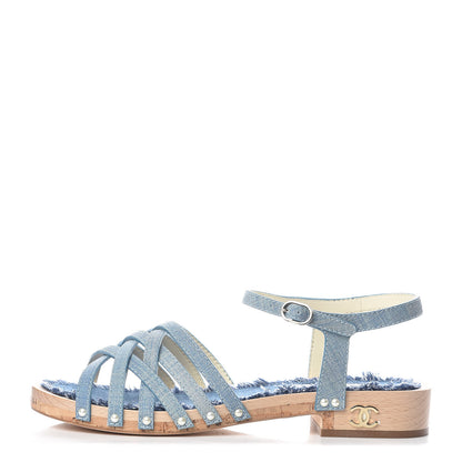 Chanel Cork Wood Calfskin Strappy Sandals 42 Blue 1 of 10