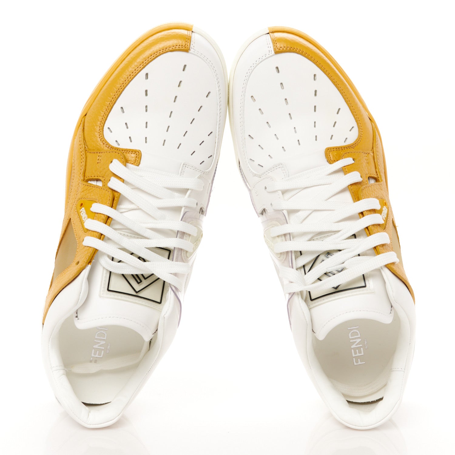 Fendi Grained Calfskin Fabric Mesh Mens Fancy Low Top Sneakers 42 White Yellow 2 of 11