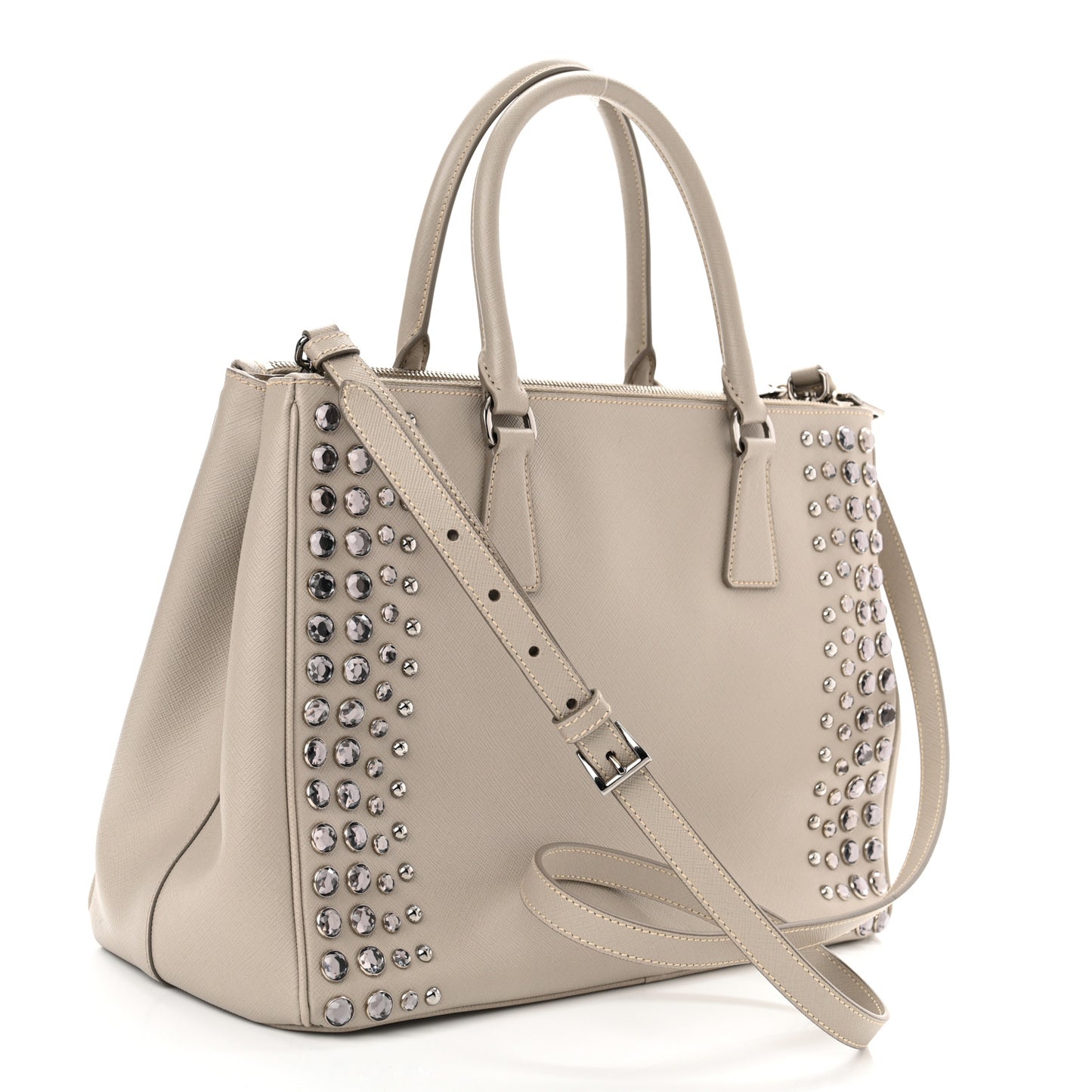 Saffiano Lux Studded Crystal Medium Galleria Double Zip Tote Pomice