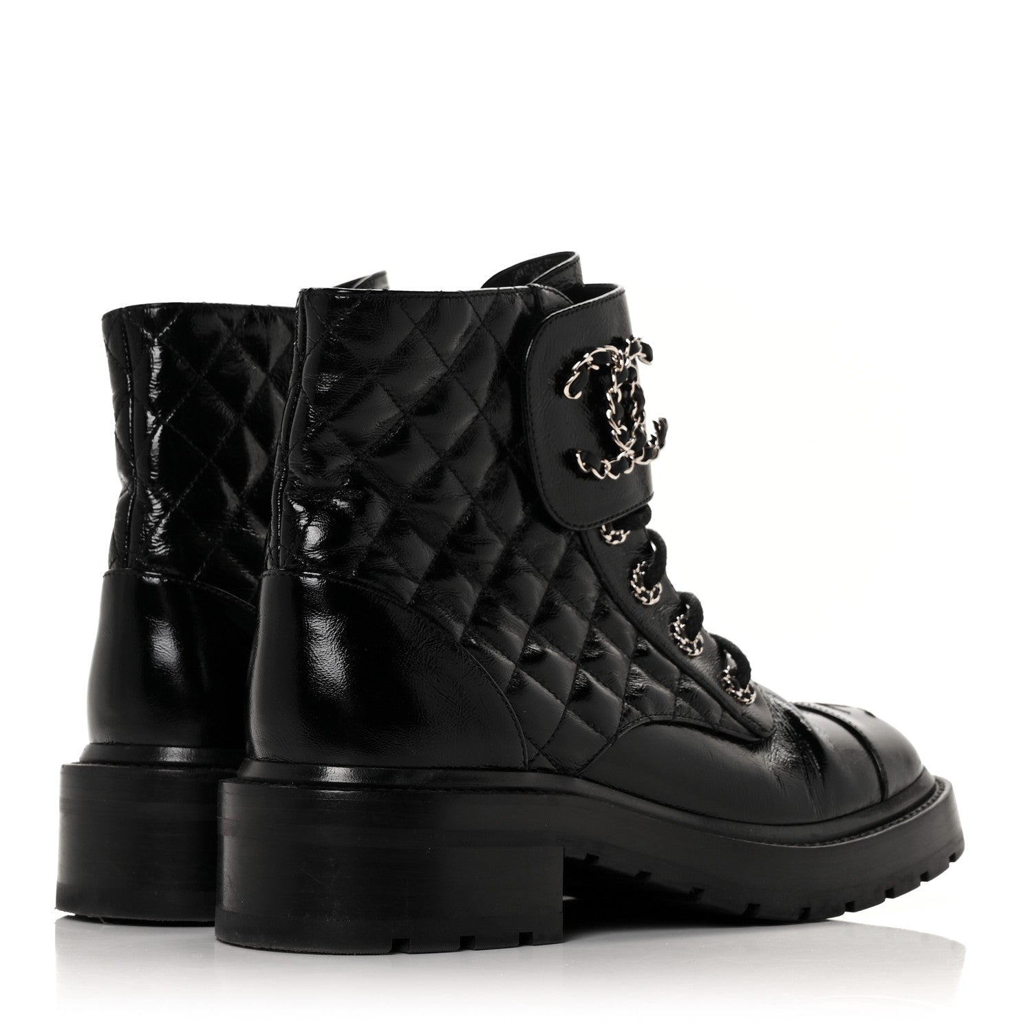 Chanel Shiny Calfskin Quilted Lace Up Combat Boots 38 Black 4 of 5