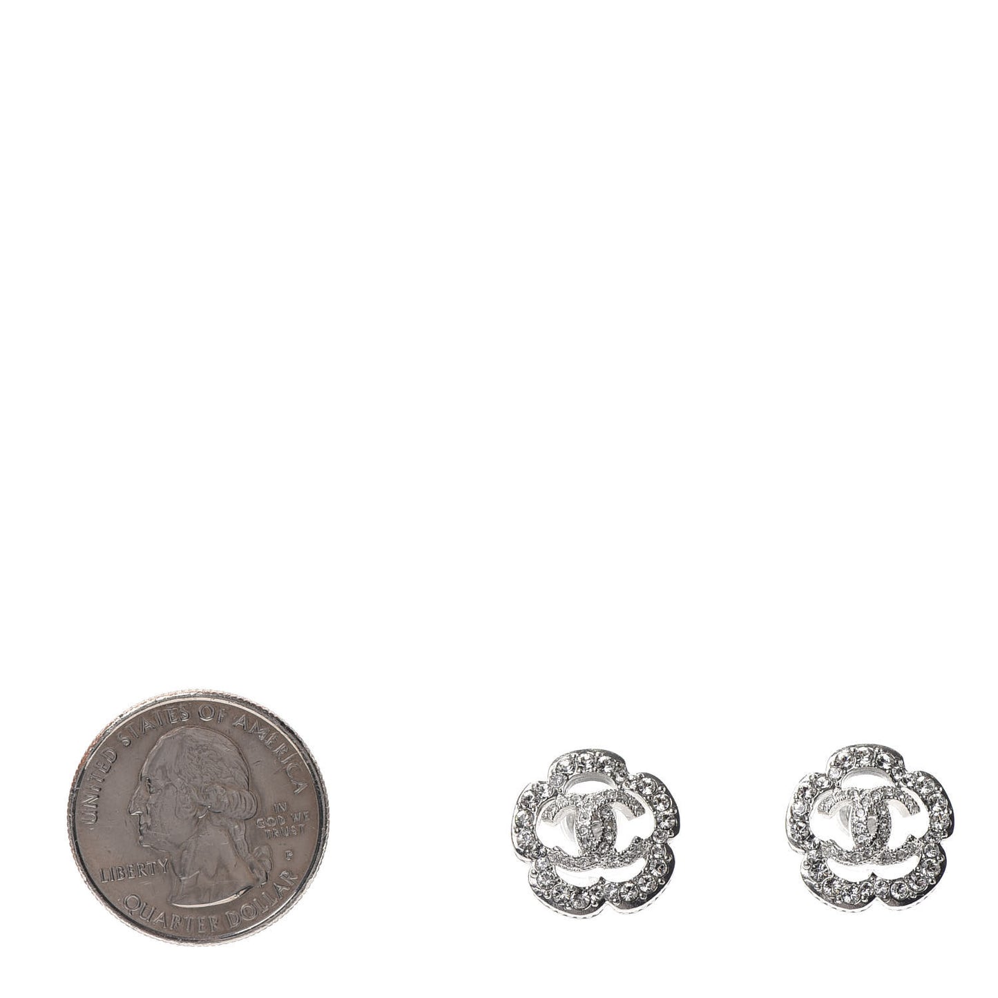 Crystal Coco Flapper Camellia CC Stud Earrings Silver