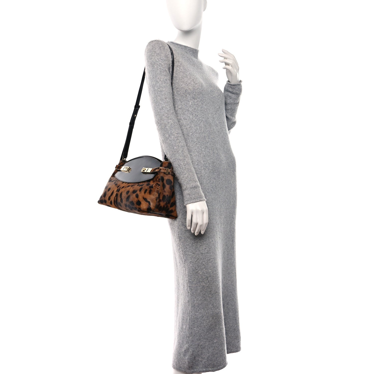 Salvatore Ferragamo Calfskin Pony Hair Hug Shoulder Bag Beige Testo Di Moro Black 2 of 10