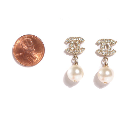 Chanel Crystal CC Pearl Drop Earrings Gold 2 of 5
