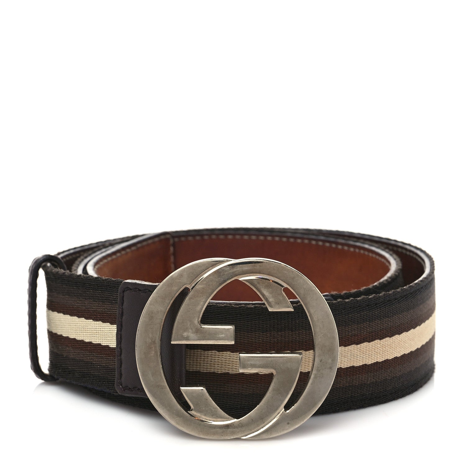Gucci Calfskin Web Interlocking G Belt 95 38 Brown Cream 1 of 8