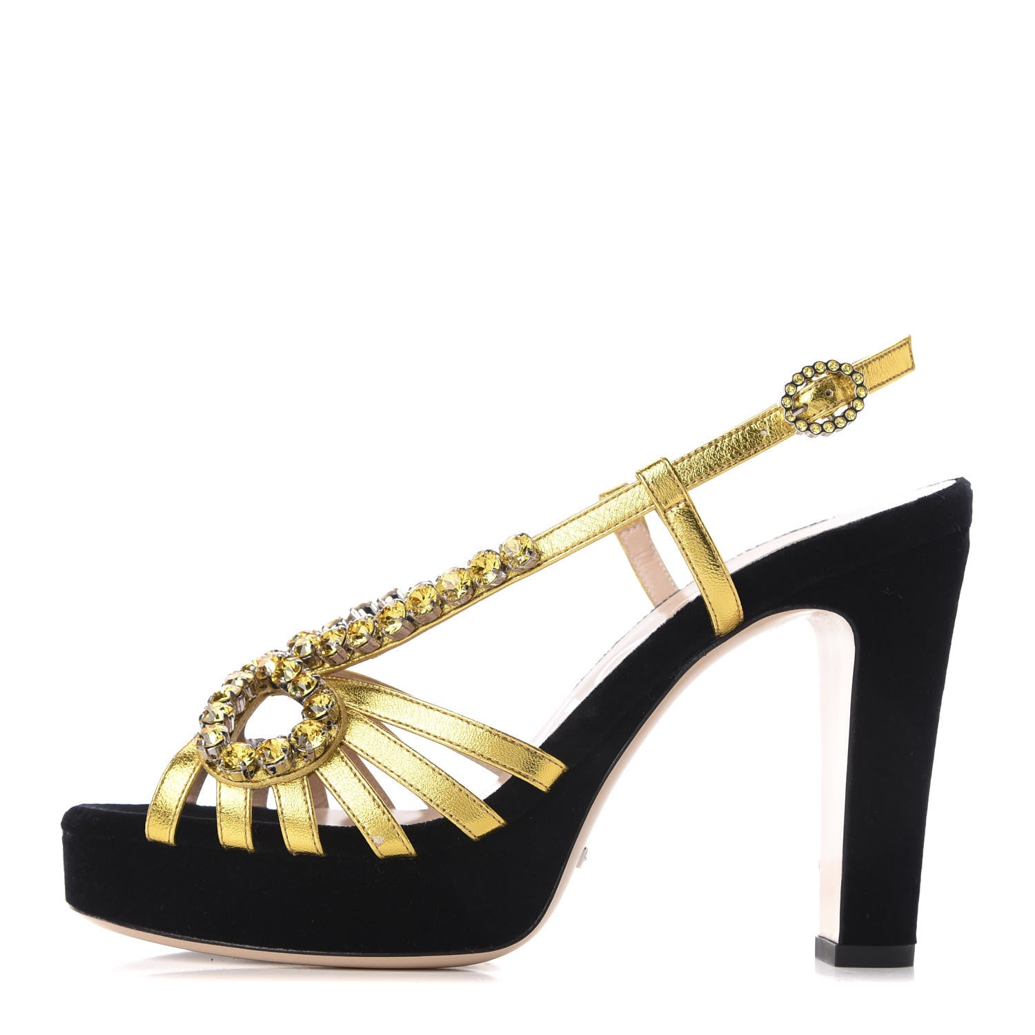 Gucci Velvet Nappa Crystal Zephyra Slingback Platform High Heel Sandals 37 Black Gold 1 of 9