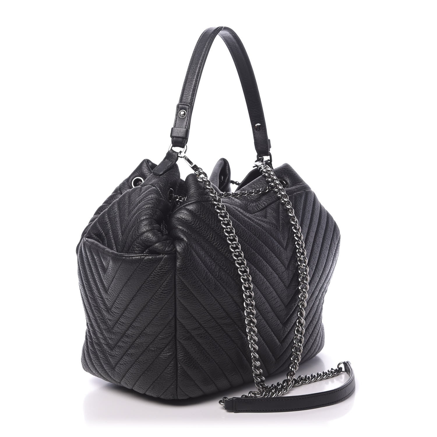 Chanel Deerskin Chevron Large CC Chain Bucket Drawstring Bag Black 3 of 11