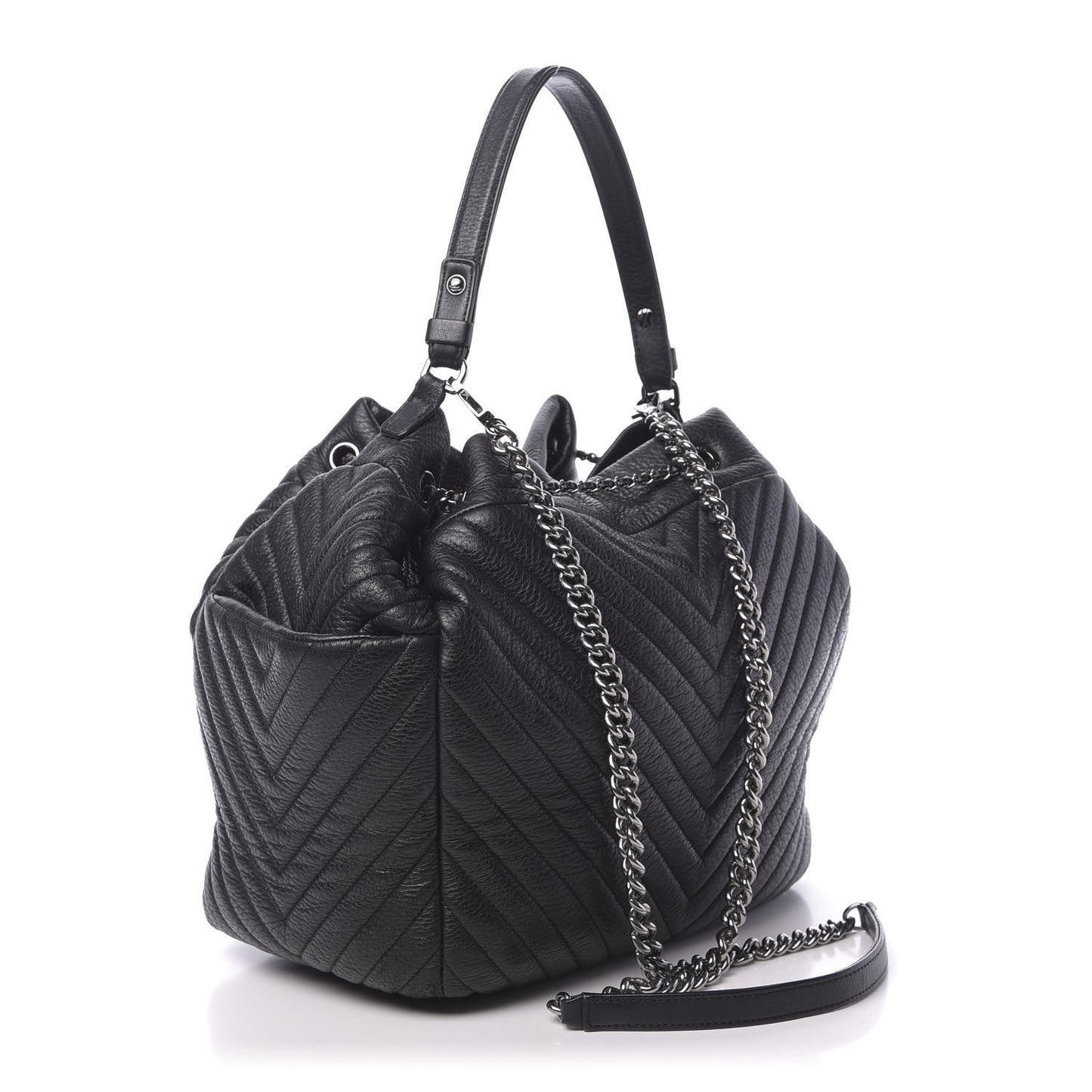 Deerskin Chevron Large CC Chain Bucket Drawstring Bag Black