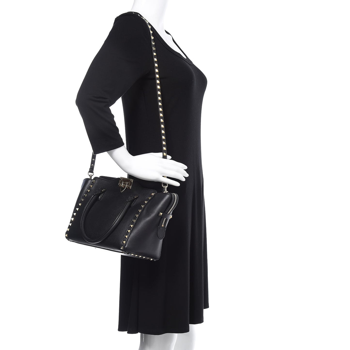 Vitello Small Rockstud Double Handle Tote Black
