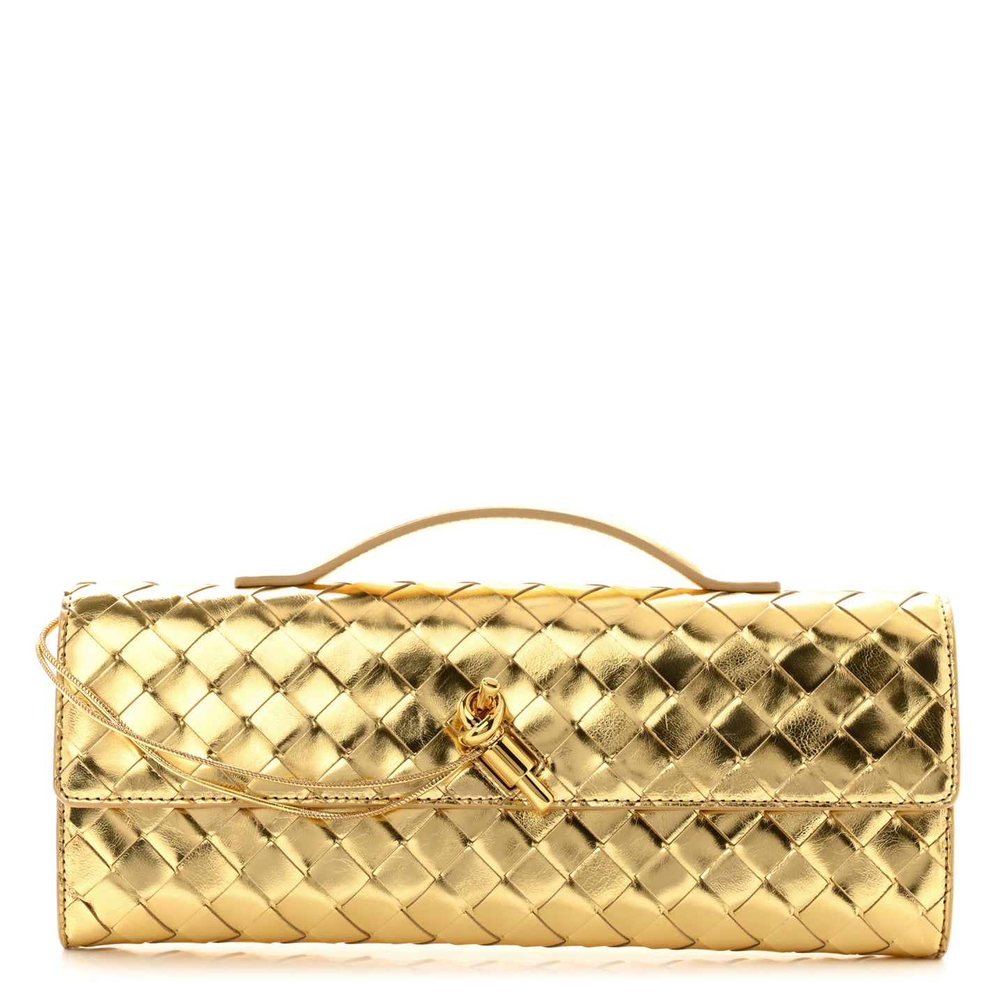 Metallic Lambskin Intrecciato Long Andiamo Top Handle Clutch Gold