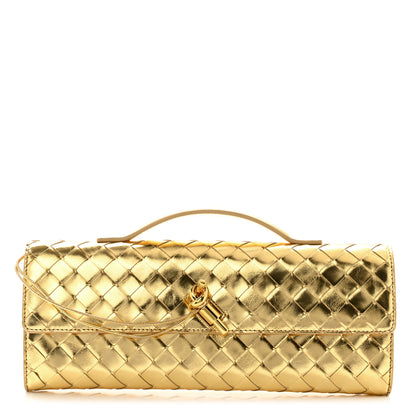 Bottega Veneta Metallic Lambskin Intrecciato Long Andiamo Top Handle Clutch Gold 1 of 7
