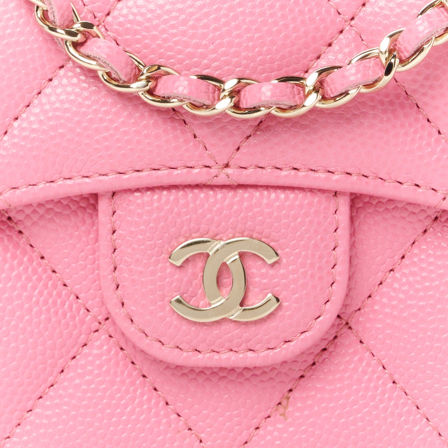 Caviar Quilted Flap Card Holder On Chain Pink